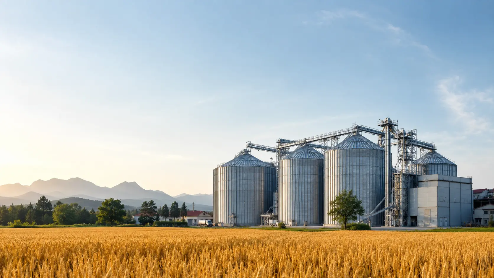 Moderne Getreidesilos mit Fördertechnik — KI-generiertes Symbolbild