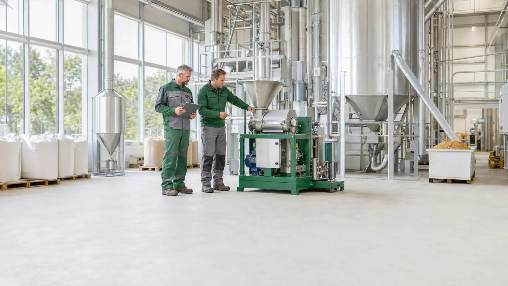 Zwei AGRO‑NEX Servicetechniker prüfen eine moderne Futtermittelanlage — KI-generiertes Symbolbild