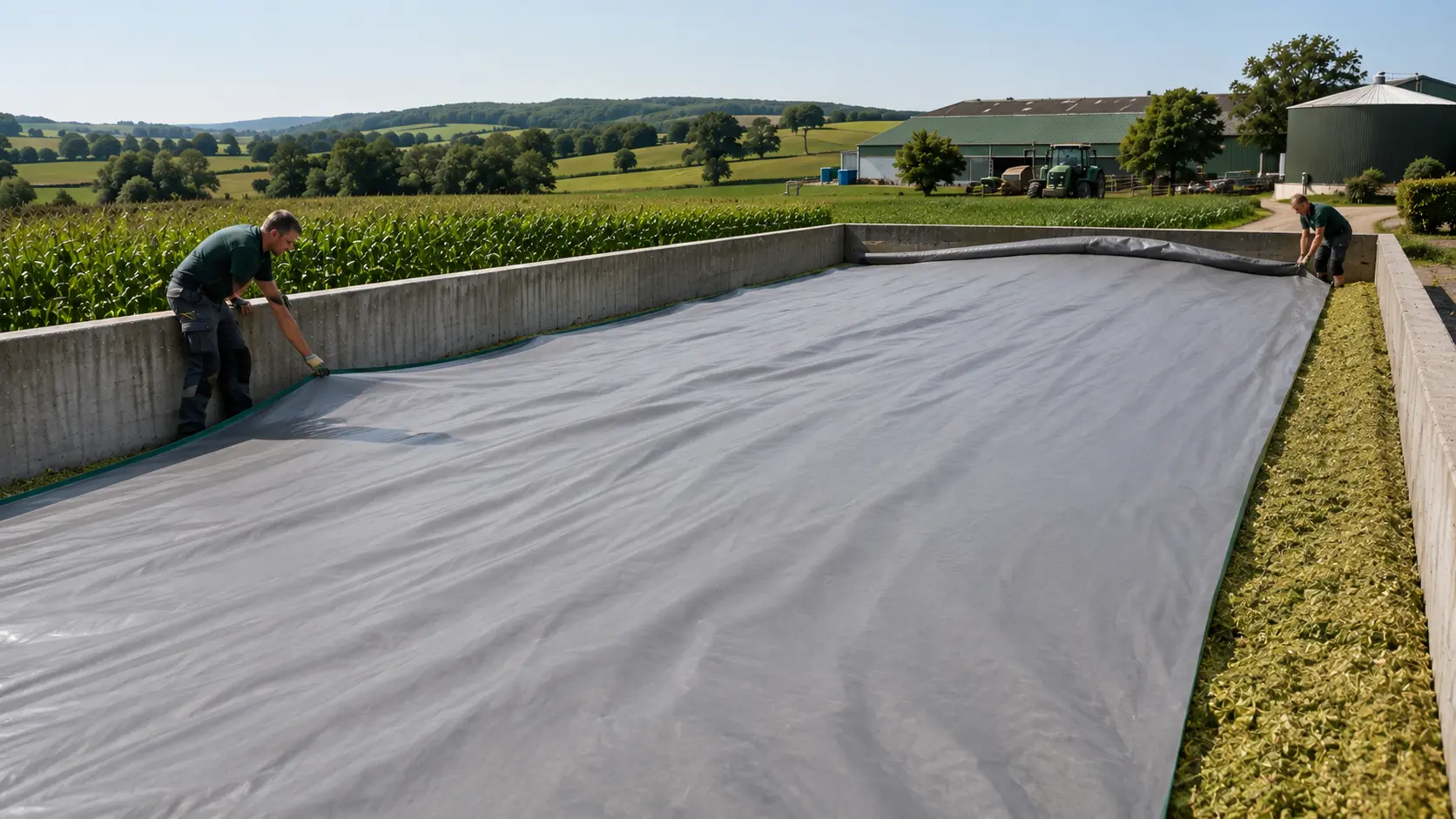 SILO₂BLOCK Sauerstoffbarrierefolie wird auf einem Fahrsilo verlegt — KI-generiertes Symbolbild